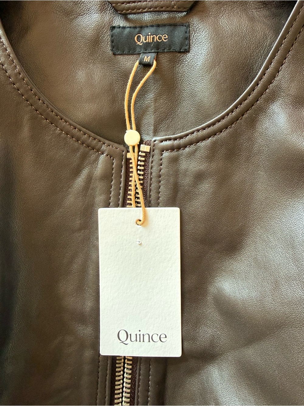 Quince Collarless Cropped Brown Leather Bomber Jacket - Picture 3 of 5